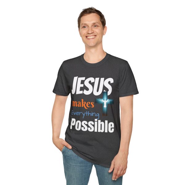 "Jesus Makes Everything Possible" with cross Unisex Soft-Style T-Shirt - Image 31