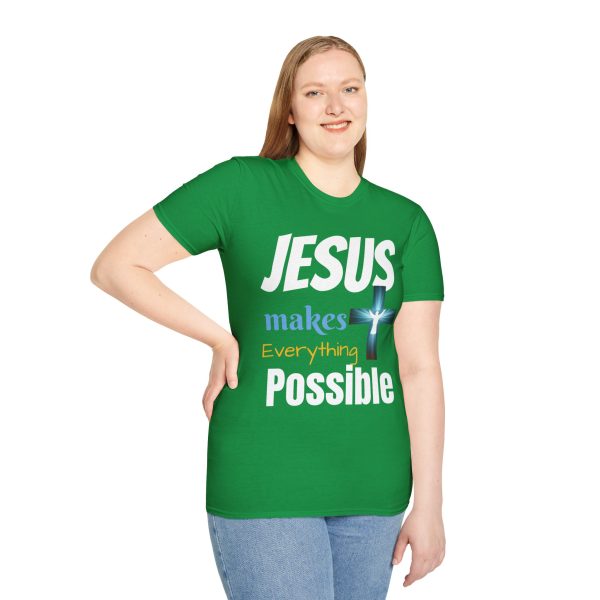 "Jesus Makes Everything Possible" with cross Unisex Soft-Style T-Shirt - Image 17