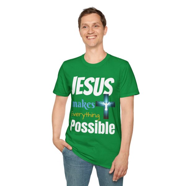 "Jesus Makes Everything Possible" with cross Unisex Soft-Style T-Shirt - Image 19