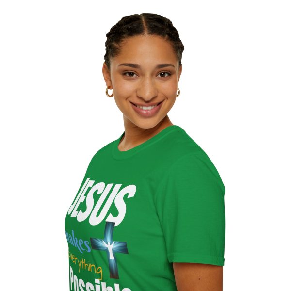 "Jesus Makes Everything Possible" with cross Unisex Soft-Style T-Shirt - Image 21