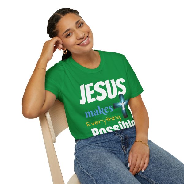 "Jesus Makes Everything Possible" with cross Unisex Soft-Style T-Shirt - Image 22