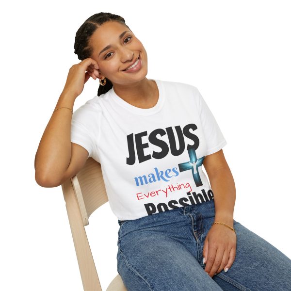 "Jesus Makes Everything Possible" with cross Unisex Soft-Style T-Shirt - Image 10