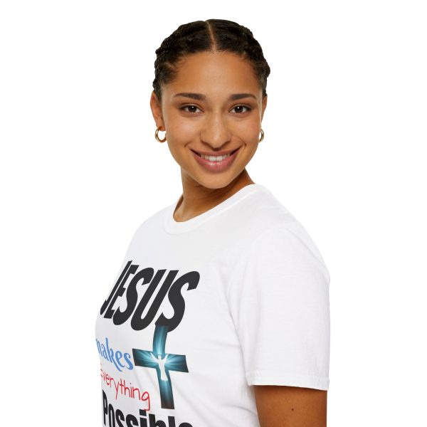 "Jesus Makes Everything Possible" with cross Unisex Soft-Style T-Shirt - Image 9