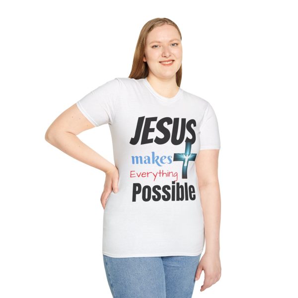 "Jesus Makes Everything Possible" with cross Unisex Soft-Style T-Shirt - Image 5