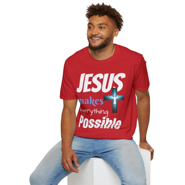 "Jesus Makes Everything Possible" with cross Unisex Soft-Style T-Shirt - Image 48