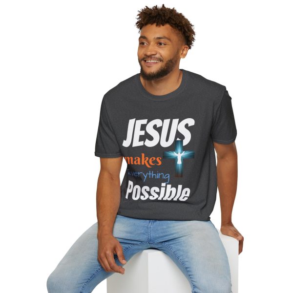 "Jesus Makes Everything Possible" with cross Unisex Soft-Style T-Shirt - Image 36