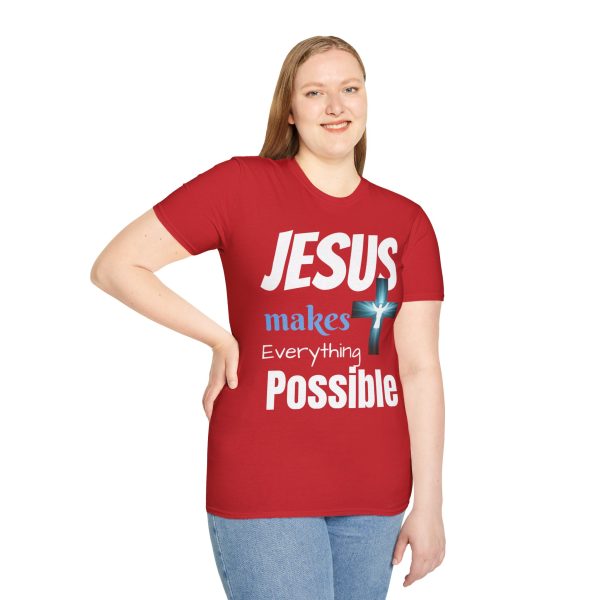 "Jesus Makes Everything Possible" with cross Unisex Soft-Style T-Shirt - Image 41