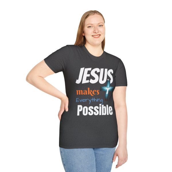 "Jesus Makes Everything Possible" with cross Unisex Soft-Style T-Shirt - Image 29