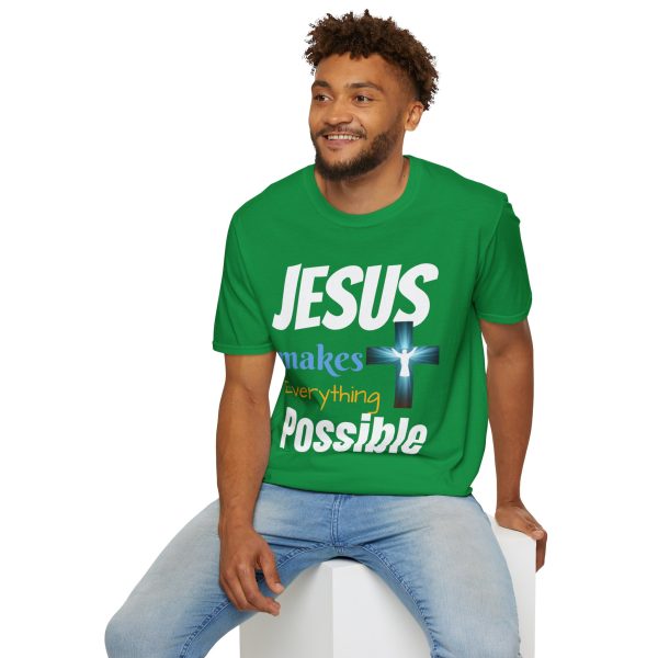 "Jesus Makes Everything Possible" with cross Unisex Soft-Style T-Shirt - Image 24