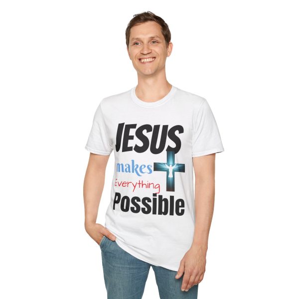 "Jesus Makes Everything Possible" with cross Unisex Soft-Style T-Shirt - Image 7