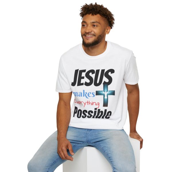 "Jesus Makes Everything Possible" with cross Unisex Soft-Style T-Shirt - Image 12