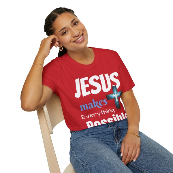 "Jesus Makes Everything Possible" with cross Unisex Soft-Style T-Shirt - Image 46