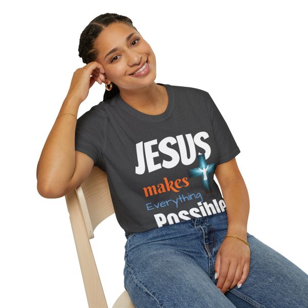 "Jesus Makes Everything Possible" with cross Unisex Soft-Style T-Shirt - Image 34